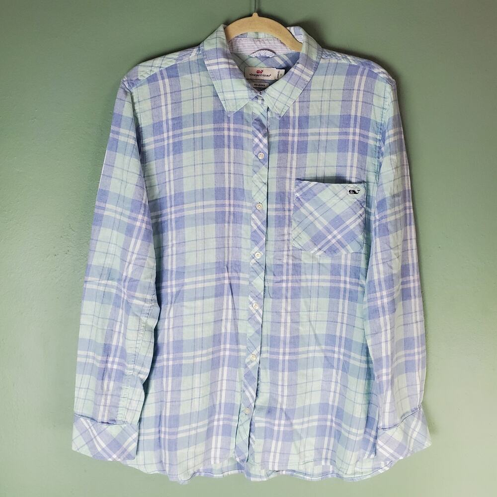 Vineyard Vines Womens Blue Multi Pacific Plaid Relaxed Button Down Shirt Size M